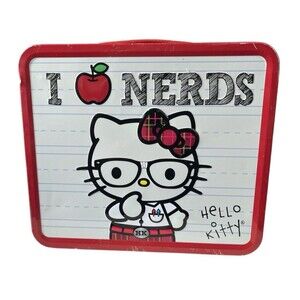 Hello Kitty Loungefly I Love Nerds Red Plaid Tin Lunch Box Sanrio 2009 READ